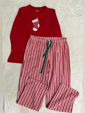 PajamaGram Women’s Christmas Stocking & Candy Cane Stripe Pajama Set Red Medium